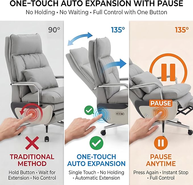 Dual Motor Executive Reclining Office Chair with Footrest – One-Click Electric Recline Massage Lumbar Support &amp Pillow Big and Tall PU Leather Ergonomic Desk Chair for Home Office/Gaming(Gray)