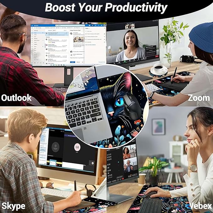 Large Mouse Pad and Keyboard Wrist Rest Desk Pad for Keyboard and Mouse 4-in-1 Large Gaming Mouse Pad with Wrist Support Desk Mat for Home Office Study GameBlack Cat Flower