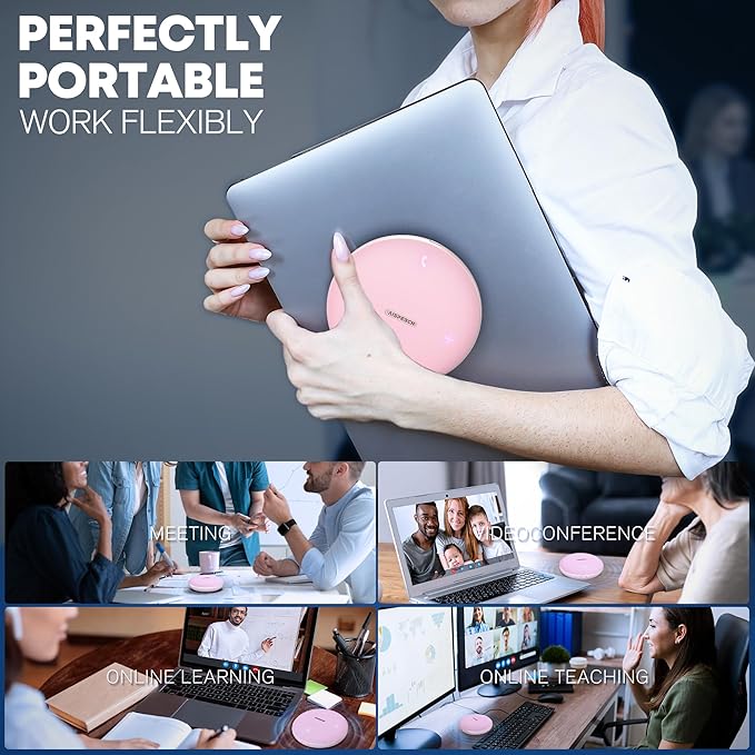 M4 Bluetooth Speakerphone Conference Speaker and Microphone with AI Noise Reduction GPT Transcription Speakers for Computer Desktop 360° Voice Pickup at Home Office for Teams/Zoom Pink
