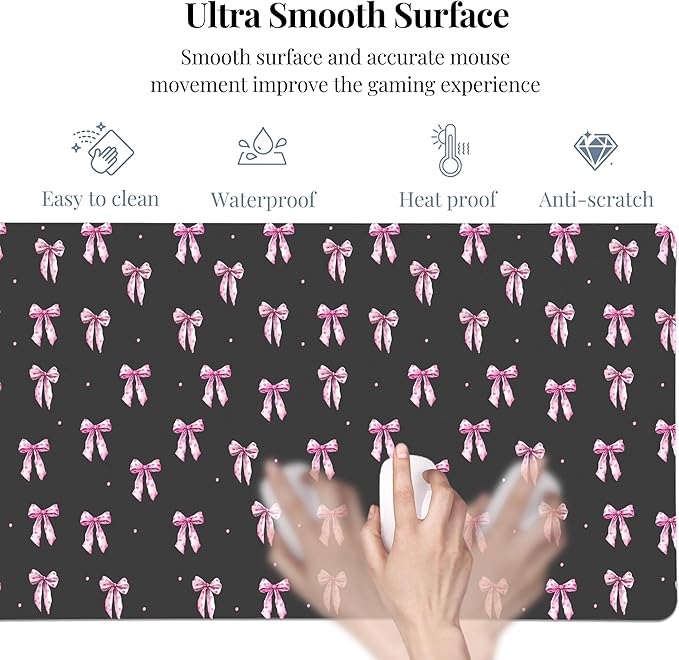 Idocolors Pink Bow Desk Mat Cute Extended Gaming Keyboard Mouse Pad Large Office Desk Cover Mat Pad Deskmat Non-Slip Leather Home Office Desk Mat Protector 31.5×15.7
