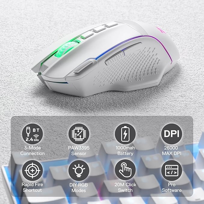 Redragon M991 Wireless Gaming Mouse 26000 DPI 3-Mode Gamer Mice w/Rapid Fire Key 9 Macro Buttons Powerful Capacity and RGB Backlight for PC/Mac/Laptop White