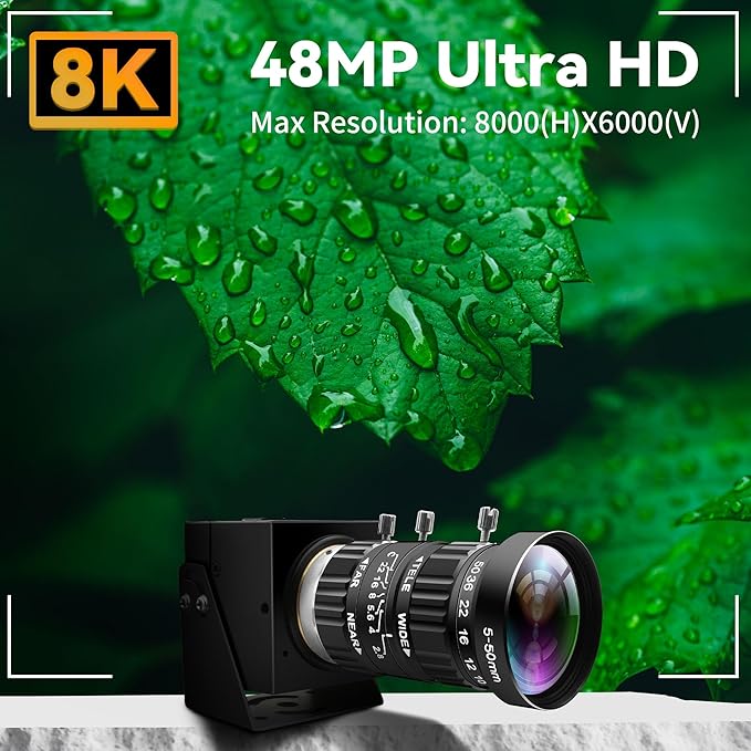 48MP USB Webcam 8K Ultra HD Color Camera with 5-50mm 10X Manual Optical Lens 6000P Industrial Security Video Camera Close-Up Zoom Function Plug-and-Play for Windows Linux Mac OS