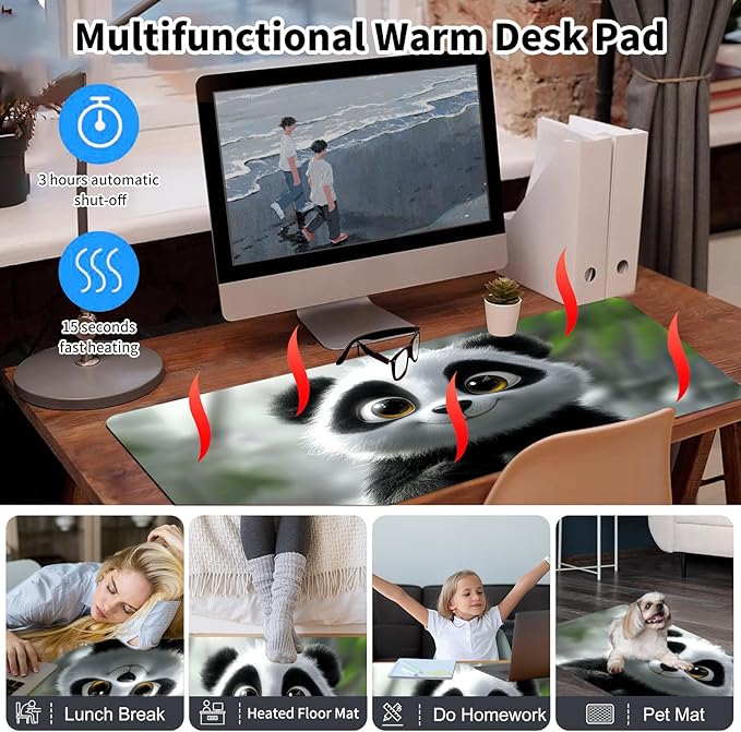 Warm Desk PadHeated Desk PadOffice Mat3 Heating Levels &amp 3 Hours Auto Shut-Off31.5*13 Gaming Mouse Laptop Keyboard Leather Desk MatCute Panda Snow