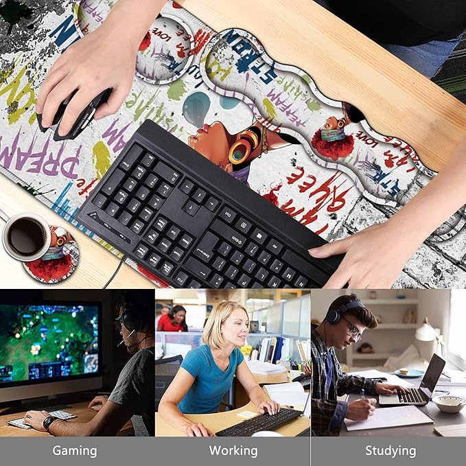 African Black Woman Graffiti Girls Desk Mat Extended White Laptop Table Protector Ergonomic Mouse Pad with Keyboard Wrist Rest Support