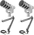 Rode PodMic White (Pair) Cardioid Dynamic Broadcast Microphone Bundles with 2X Microphone Boom Arms and 2X XLR Cables