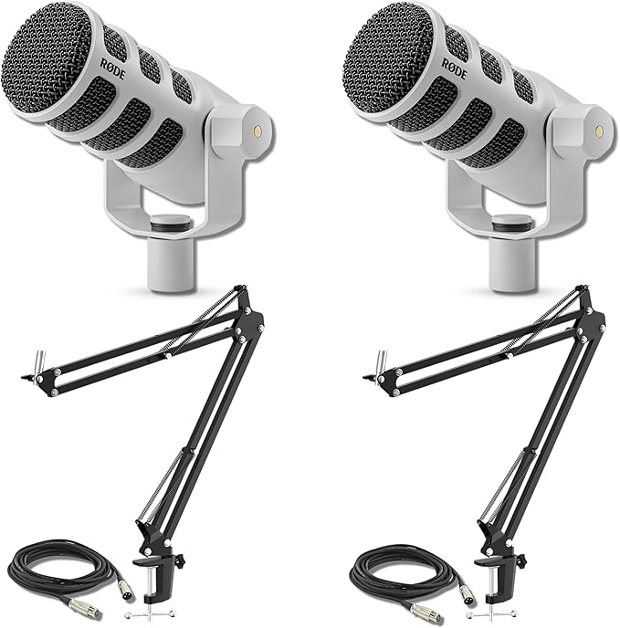 Rode PodMic White (Pair) Cardioid Dynamic Broadcast Microphone Bundles with 2X Microphone Boom Arms and 2X XLR Cables