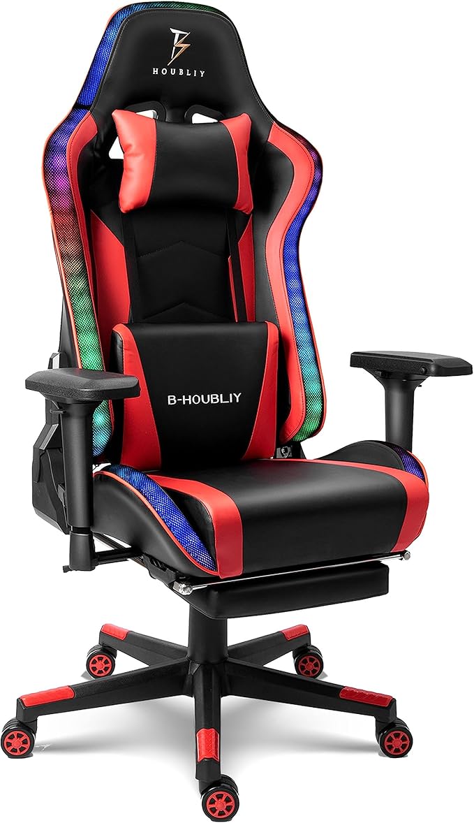 Massage Gaming Chair with Speaker Ergonomic Gaming Chair with Footrest and RGB Light PU Leather Video Gaming Chair Home Theater Seat 360° Rotating Gaming Chair.Red
