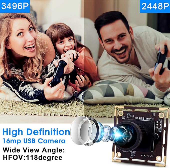 ELP 16MP Wide Angle USB Camera Module for Raspberry Pi and Computer 4K Mini UVC USB2.0 Video Webcam Board with 118degree No Distortion Lens IMX298 Industrial PC Lightburn Camera for LaptopJetson Nano