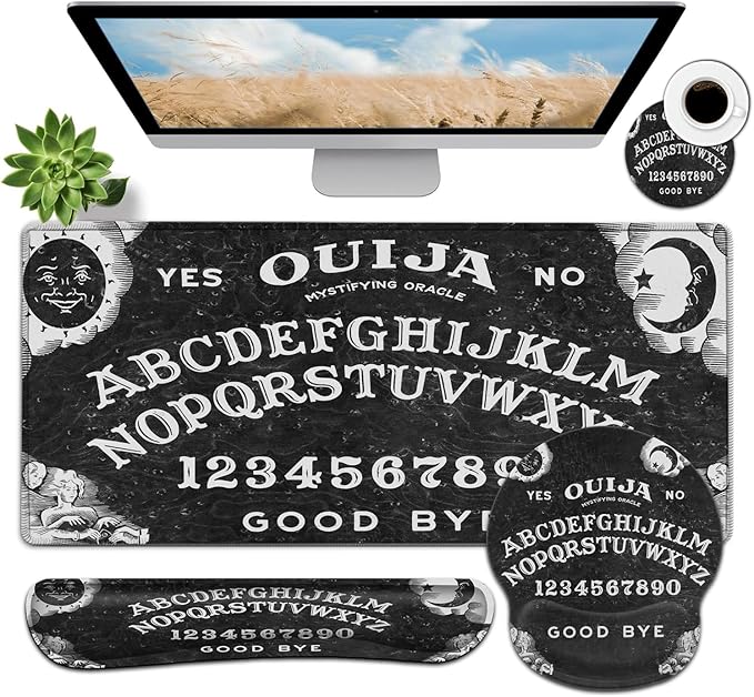 Large Mouse Pad Ergonomic Mouse Pad with Wrist Rest and Keyboard Wrist Rest 4 in 1 Set 31.5 x11.8 inch Extended Desk Pad for Home Office Ouija Board Witch Pattern XXL Black Gaming Mouse Mat