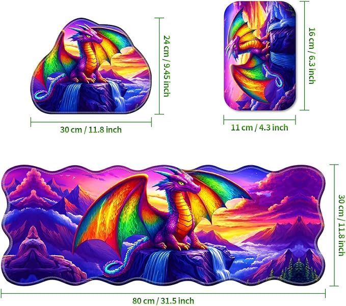 3-Piece Ergonomic Desk Mat &amp Cloud Wrist Rest Set Large 31.5 x 11.8 Wave Office Desk Pad with Memory Foam Support Non-Slip Computer Protector for Home Gaming &amp Writing Purple Dragon