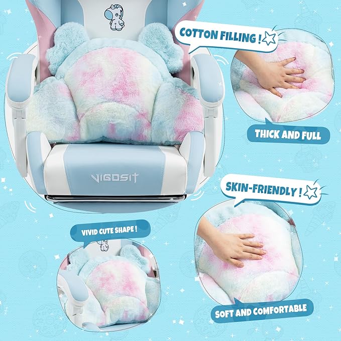 Cute Gaming Chair for Girl Ergonomic Cat Computer Chair with Armrests High Back Video Game Chairs with Footrest and Massage Lumbar Support for Teen &amp Woman Adjustable Height (Blue+Pink)
