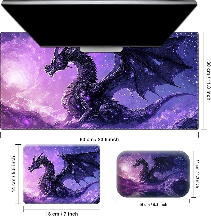 Desk Pad Large Game Mouse Pad + Small Mouse Pad + Wrist RestErgonomic Mouse PadTable Mat with Stitched EdgeAnti-SlipMemory Foam Desk Mat for Home Office Gaming(23.6×11.8in)Purple Dragon