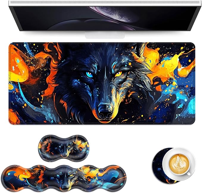 Keyboard Mouse Pad Set Extended Gaming Mouse Pad+Ergonomics Keyboard Wrist Rest Support Memory Foam Easy Typing Pain Relief 4Pcs XL Ultra Thick Desk MatFire and Ice Wolf