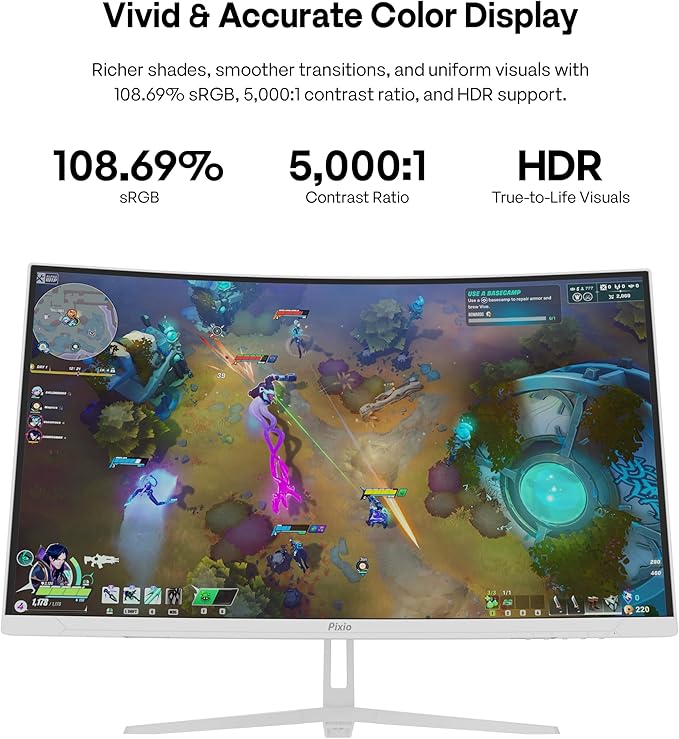 Pixio PXC278WAVE White 27 inch 180Hz Refresh Rate QHD 1440p Resolution 1650R Curve Fast VA Panel 1ms GTG Response Time HDR Curved Gaming Monitor and PS1S Wave White Single Monitor Arm