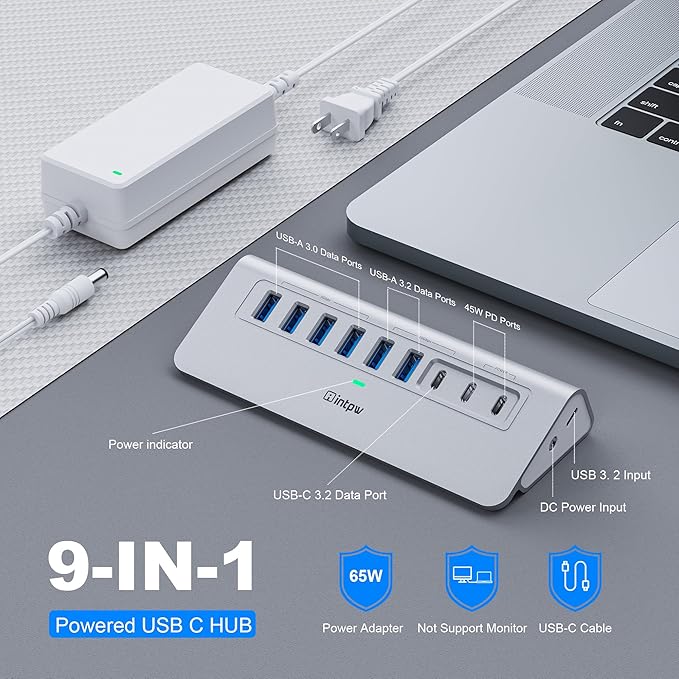 Powered USB Hub intpw 9-Port USB 3.2 Hub 10Gbps USB C Hub with USB A/USB C 3.2 4 USB 3.0 2 PD 45W Charging Port 65W Power Adapter and 3.3FT Cable Aluminum USB Hub for Laptop iPhone 17/16/15/PC