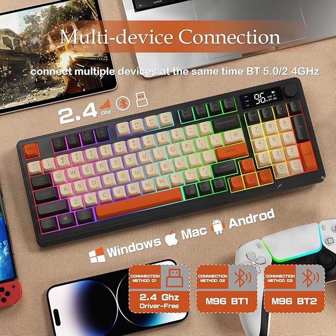 ZIYOU LANG M96 Wireless Gaming Silent Membrane KeyboardDisplay Screen &amp Knob with Multimedia Keys Dual Mode Bluetooth/2.4GhzRainbow Backlight 94Keys Ball Shape PBT Keycap ANSI Layout for Win/Mac