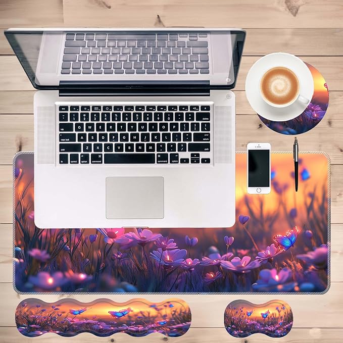 Keyboard Mouse Pad SetLarge Desk Pad+Keyboard Wrist Rest+Mouse Wrist Support+CoasterEasy Typing Pain Relief Non-Slip Wrist Support Mousepad Set Home OfficeGlowing Butterflies Flowers