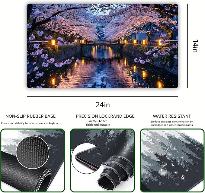 Serene Cherry Blossom Bridge Desk Mat Tranquil Nightscape Large Gaming Mouse Pad Non-Slip Waterproof Office Desk Mat for Workstation Japanese Garden-Inspired Desktop Decor 31 x 15in