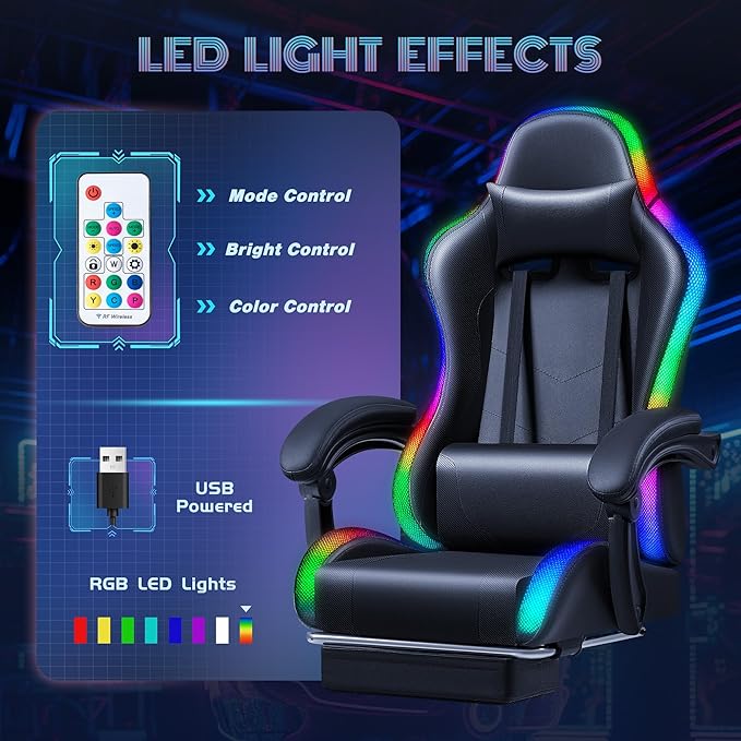 Furmax Gaming Chair with RGB LED Lights Video Game Chair with Footrest and Massage Lumbar Support High Back Reclining Computer Chair with Headrest Swivel Seat Gamer Chair (LED Black)