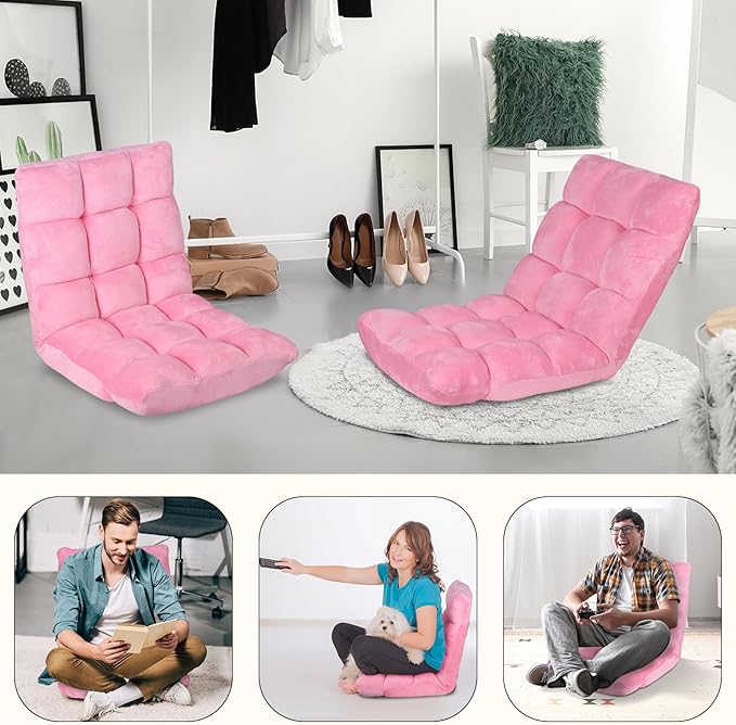 14-Position Adjustable Floor Gaming Chair Foldable Memory Foam Armless Sofa Seat Couch Recliner with Comfy Back Support for Working Meditation Reading Pink