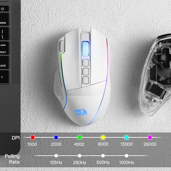 Redragon M991 Wireless Gaming Mouse 26000 DPI 3-Mode Gamer Mice w/Rapid Fire Key 9 Macro Buttons Powerful Capacity and RGB Backlight for PC/Mac/Laptop White