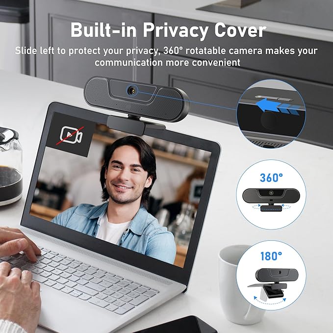 saylas 4K Webcam with Microphone and Speaker Wide Angle 112° Remote Control Autofocus Digital Zoom Privacy Cover Plug &amp Play Web Streaming Camera for Computer USB Webcam for Pc