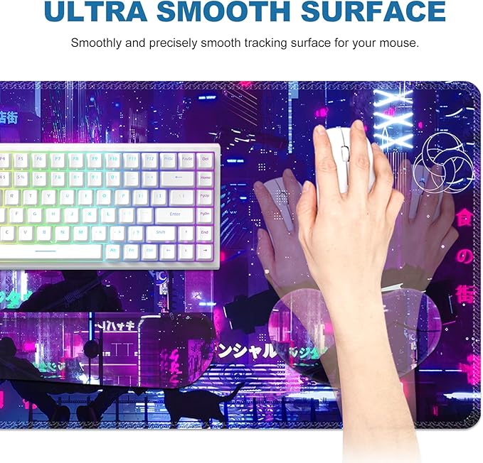 Anime Neon Large Mouse Pad and Keyboard Wrist RestPurple Extended Mouse Pad with Wrist Support Ergonomic Non-Slip Desk Mat Desk Protector Blotter for Home Office Warrior Cat