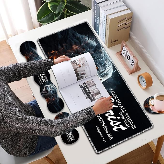 4 in 1 Mouse Pad Combo Large Gaming Mouse Pad + Keyboard Wrist Support + Mouse Wrist Rest + Coaster Table Pad 31.5 x 11.8 with Memory Foam Ergonomic Wrist Pad Set Ferocious Wolf