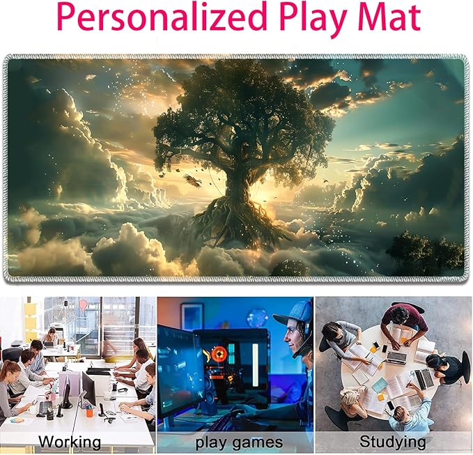 Large Gaming Mouse Pad + Mouse Wrist Rest Pad + Coaster Combination 31.5 x 11.8 Durable Non-Slip Extension Table Mat Suitable for Office and Home Cloud Tree
