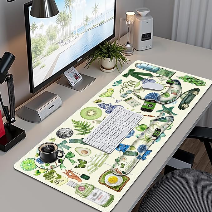 Mouse Pad 4 in1 Large Desk Mat Desk Pad Matt for Desktop Anti-Slip XXL Big Computer Ergonomic Mousepad with Wrist Support for Keyboard and Mouse for Women I Green Theme Stickers