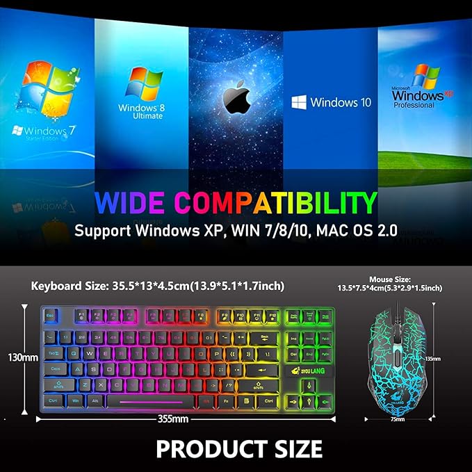 Wireless Gaming Keyboard and Mouse Combo with 87 Key Tenkeyless Rainbow LED Backlight Rechargeable 3800mAh Battery Anti-ghosting Ergonomic Waterproof RGB Mute Mice for Computer PC Gamer (Black)