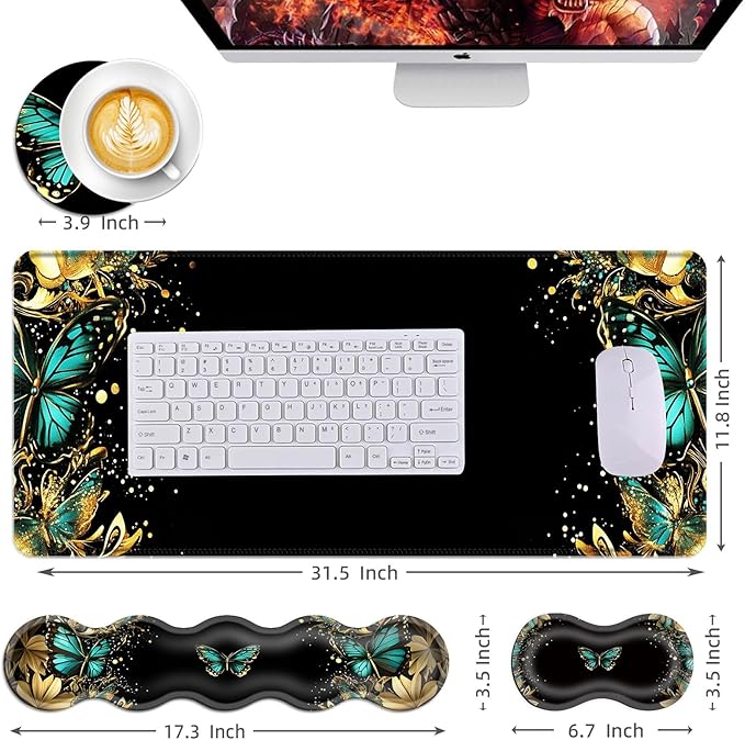 Mouse PadLarge Desk Mat Set 4in1 XL Mousepad + Keyboard Wrist Rest+Mouse Wrist Rest+Coaster with Ergonomic Desk Pad for Home Office Table Computer Cover -Golden Turquoise Butterfly