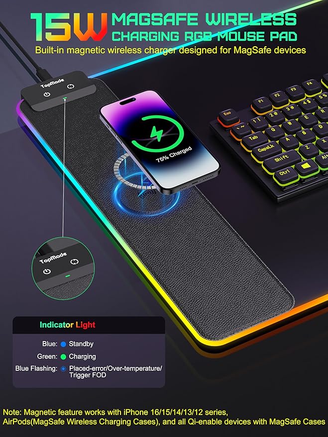 TopMade Mouse Pad with Wireless Charging 31.5 x 15.75 Large Desk Mat RGB Gaming Mousepad LED Desk Pad Keyboard Pad Waterproof Desk Pad (Includes 20W PD Power Adapter &amp 6.56ft Woven Cable)