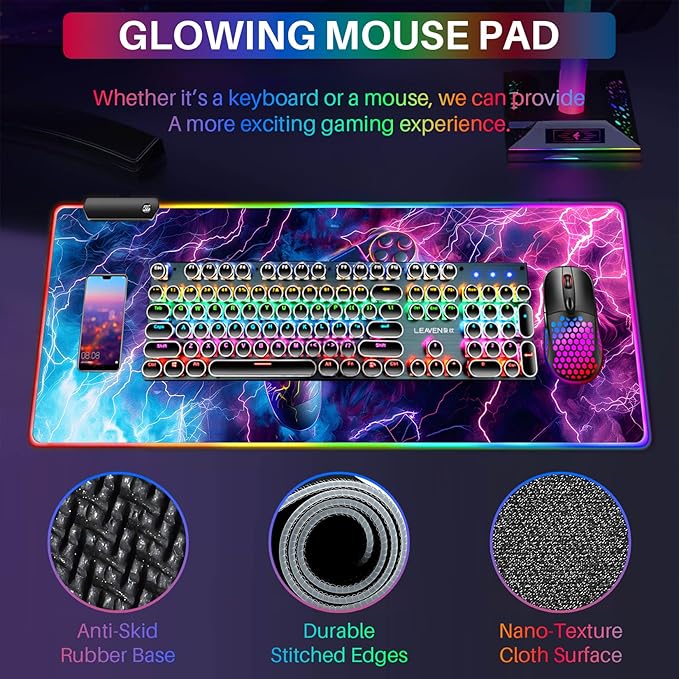 XL Led Gaming Mouse Pad with 14 Light Modes - Light Up Gamer Mouse Pad31.5 x 11.8in Non-Slip Gamepad Style RGB Large Gamer MousepadBlack Long Glowing Gaming Accessories for DeskWaterproof