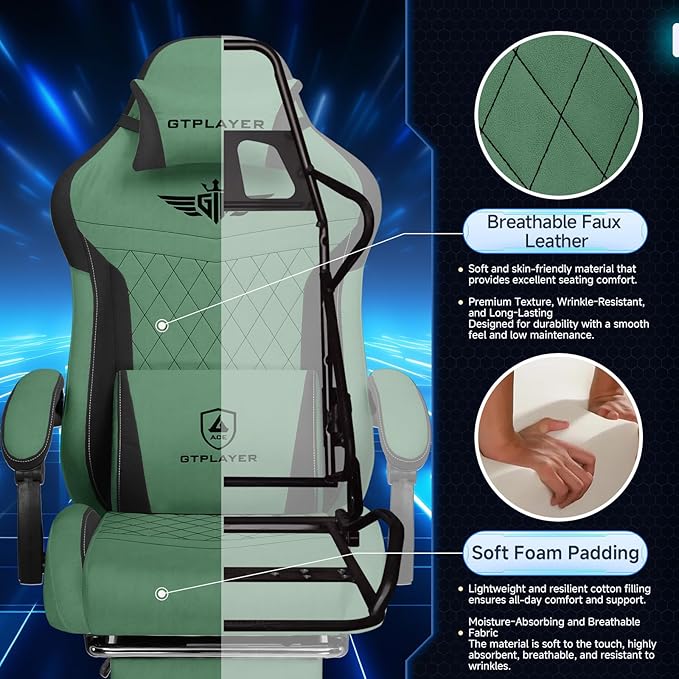 GTPLAYER Gaming Chair Video Game Chairs with Footrest and Lumbar Support Computer Chair for Adults with Extended Backrest Ergonomic Reclining Silla Gamer Fabric Green