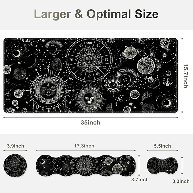 Gaming Mouse Pad Keyboard Wrist Support 4 in1 Mousepad Set with Wrist Keyboard Rest Computer Desk Mat Non-Slip Desk Pad Protector with Memory Foam Easy Typing Pain Relief I Moon Sun Cosmic