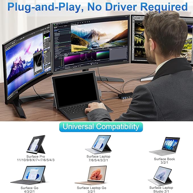 Surface Dock 12-in-1 Triple Displays VGA +Dual HDMI Surface Pro Dock Surface Docking Station for Surface Pro 11/10/9/8/X/7/6/5/4/3 Surface Book Surface Go Surface Laptop Dock