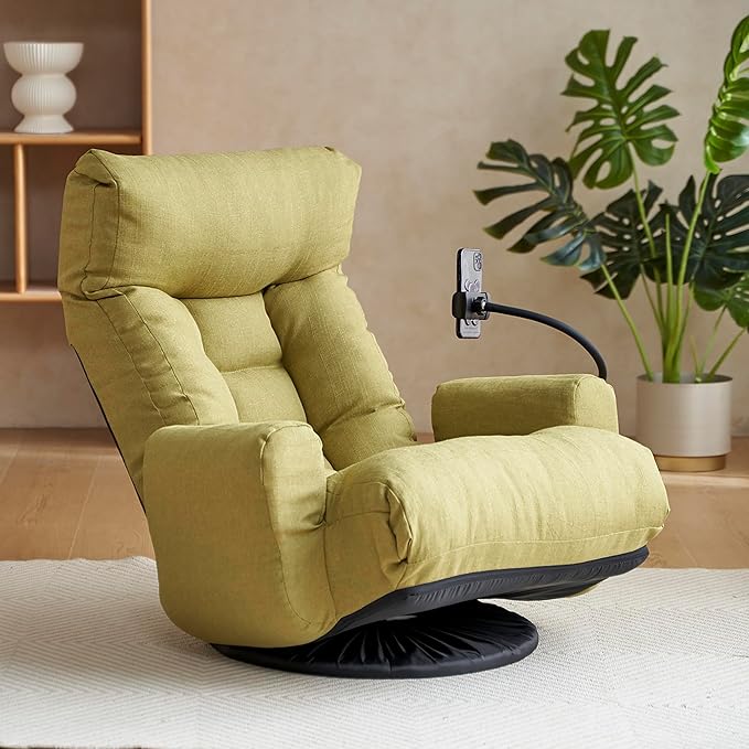 Yoglad Japanese Style Chaise Lounge Sofa with Phone Holder 360-Degree Swivel Chair Floor Gaming Chair Lazy Sofa for Reading Game Meditating 3 Adjustable Positions (Linen Lime Green)