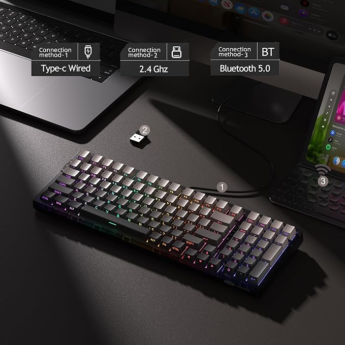 MageGee LIGHT100 Wireless Creamy Keyboard Gasket Structure Hot Swappable 2.4G/USB-C/BT5.0 RGB Backlit Mechanical Gaming Keyboard for Win/Mac/PC 8000mAh Battery Side Printed PBT Keycap Black