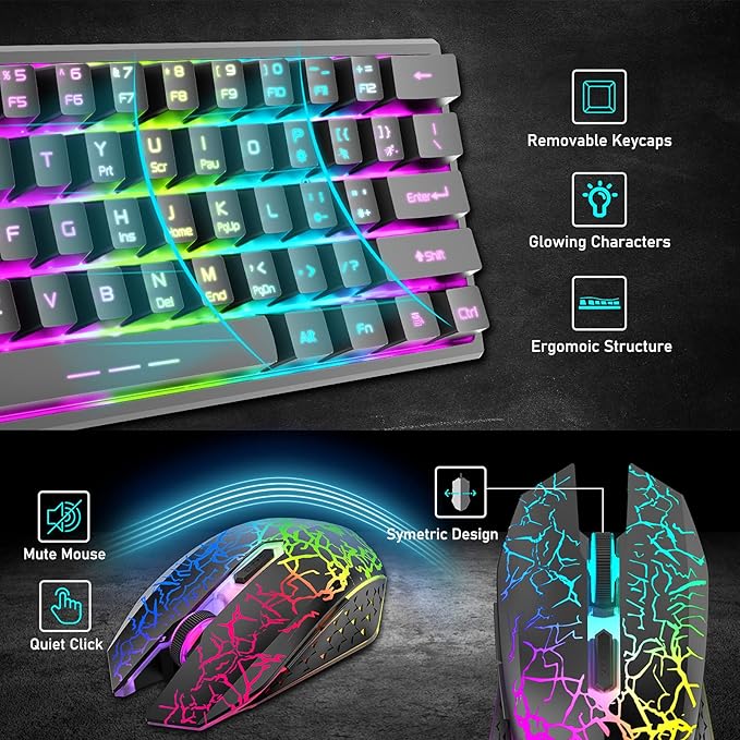 ZIYOU LANG T61 Wireless Gaming Keyboard and Mouse Combo with Ergonomic 61 Key Rainbow LED Backlight Anti-ghosting Mechanical Feel Rechargeable 4000mAh Battery Mouse Pad for PC MAC Gamer Typists(Black)