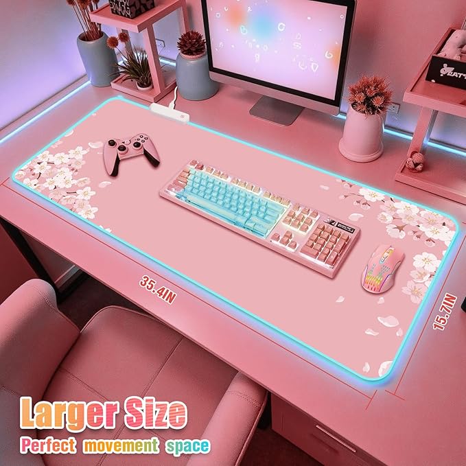 Japanese Sakura RGB Mouse Pad for Gaming I Large Mousepad with 14 Led Modes I Keyboard Pad Gaming Desk Mat I Non-Slip Rubber Base Mouse Mat I 900x400x4mm Waterproof Mousepad I Pink Cherry Blossom