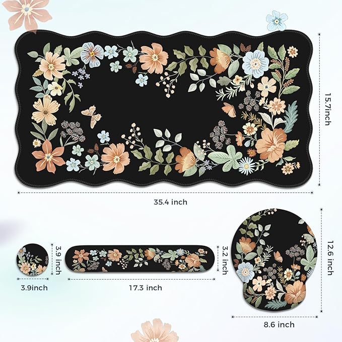 Scalloped Desk Cover Mat Aesthetic Mousepad with Wrist Rest Memory Foam Wrist Support for Keyboard Ultra Smooth Mouse Pad for Office Desk Decor School Supplies (Black)