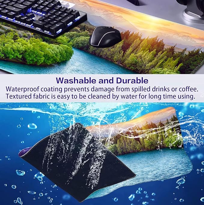 Large Extended Gaming Mouse Pad with Stitched Edges Non-Slip Waterproof Rubber Base Mouse Pad for Office Computer Keyboard Laptop and Home Desk Pad 35.4 x 15.7 x 0.12 Inch (Sunset Forest)