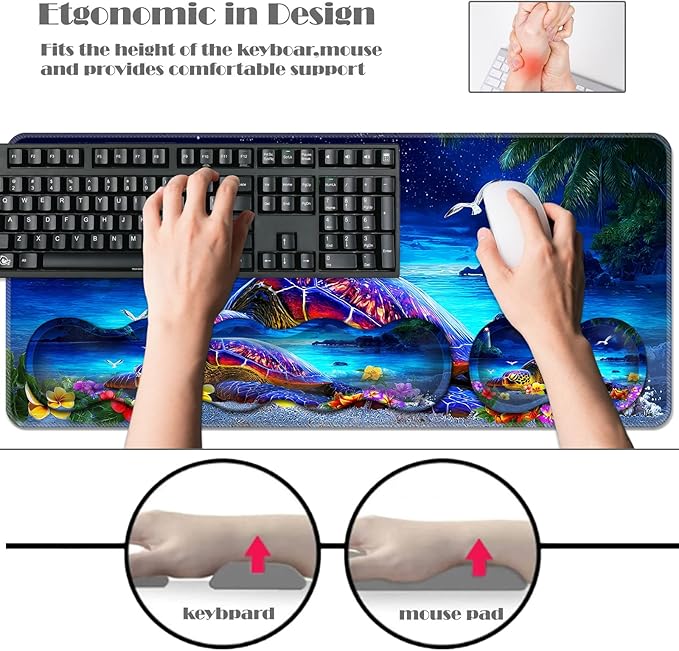Ergonomic Keyboard Wrist Rest &amp Mouse Pad Wrist Rest SetXL Gaming Desk Mat 31.5x 11.8Non-Slip BaseMemory FoamEasy Typing Pain Relief for Office &amp HomeSea Turtle on Starry Beach