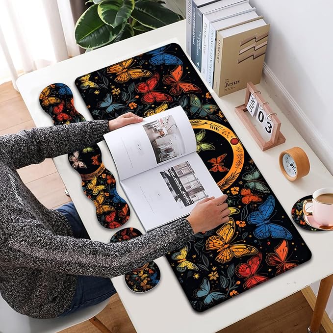 Mouse Pad Combo Large Gaming Mouse Pad + Keyboard Wrist Support + Mouse Wrist Rest + Coaster Table Pad 31.5 x 11.8 with Memory Foam Ergonomic Wrist Pad Set Colorful Butterfly Moon Pattern