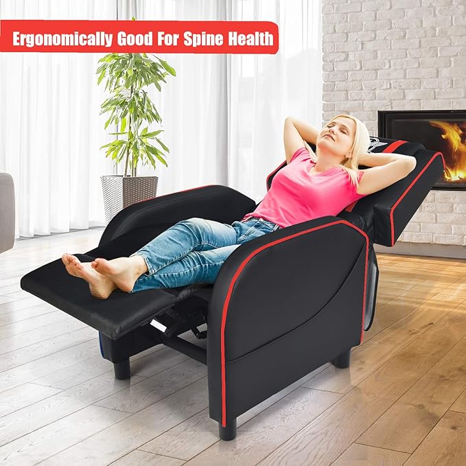 POWERSTONE Gaming Recliner Chair Reclining Gaming Chairs for Adults Ergonomic Leather Sofa with Footrest Lumbar Support Headrest and Side Pouch for Living Room Home Theater Red