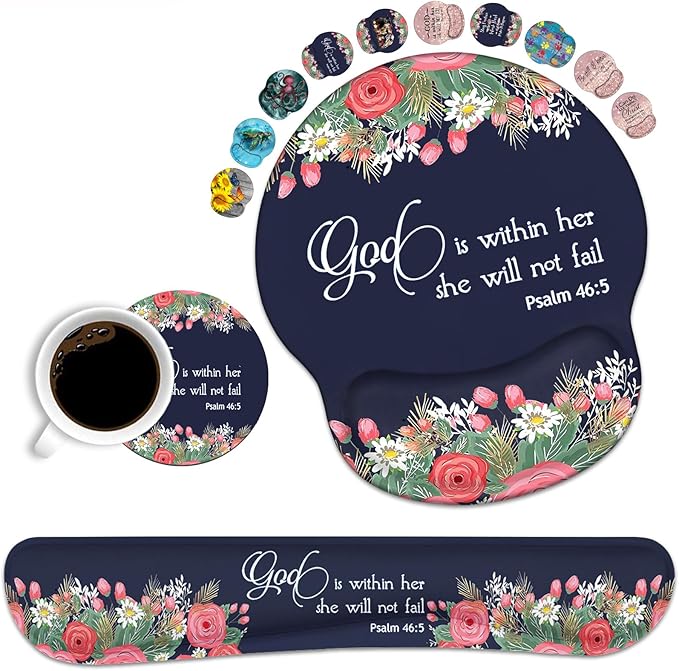 Keyboard Wrist Rest and Mouse Pad Wrist Rest Support Set Non-Slip PU Base for Gaming and Office Comfortable &amp Lightweight for Easy Typing &amp Pain Relief Floral Quote Bible Verses Psalm 46:5