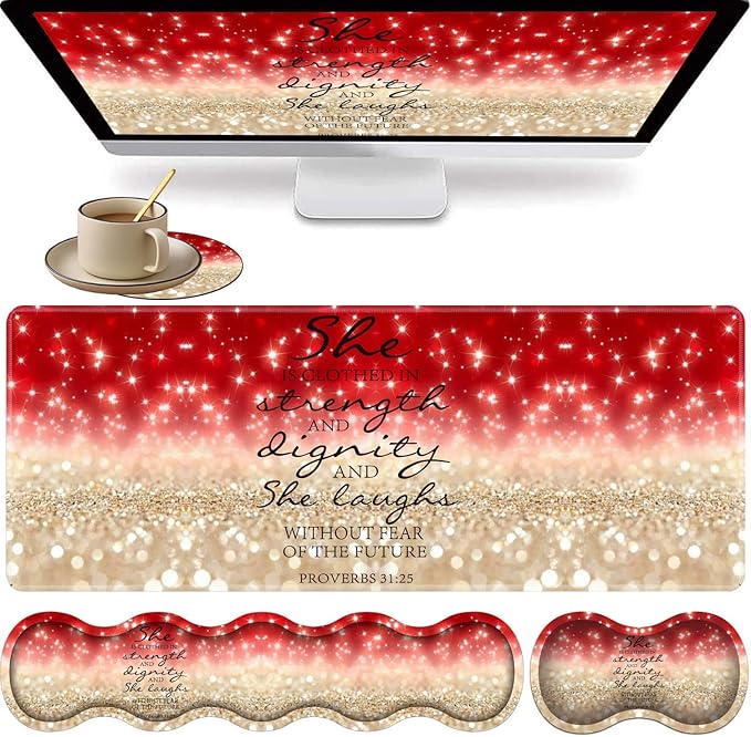 Large Gaming Mouse Pad Keyboard Wrist Rest + Mouse Wrist Pad + Coaster Combination Set Memory Sponge Non-Slip Base. Suitable for Office and Home Red Glitter Quote Proverbs 31-25