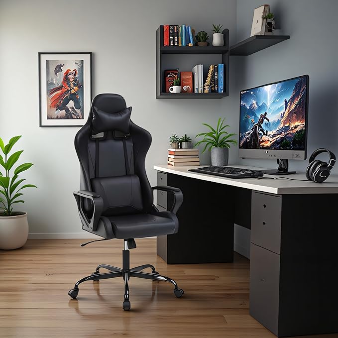 Ergonomic High Back Gaming Chair &amp Office Chair PU Leather &amp Adjustable &amp Easy Assembly &amp BIFMA Certified for Home/Office (Gray) (Black)