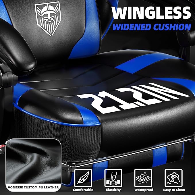 Vonesse Gaming Chair Big and Tall Gaming Chair with Footrest and Massage Gaming Chairs for Adults with Lumbar Support Ergonomic High Back Computer Chair with Pocket Spring Cushion (Black/Blue)